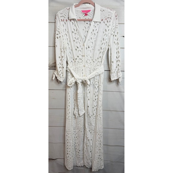 Lilly Pulitzer Dresses & Skirts - Lilly Pulitzer White Eyelet Maxi Dress Button Front Belted Size 10 Floral Lace